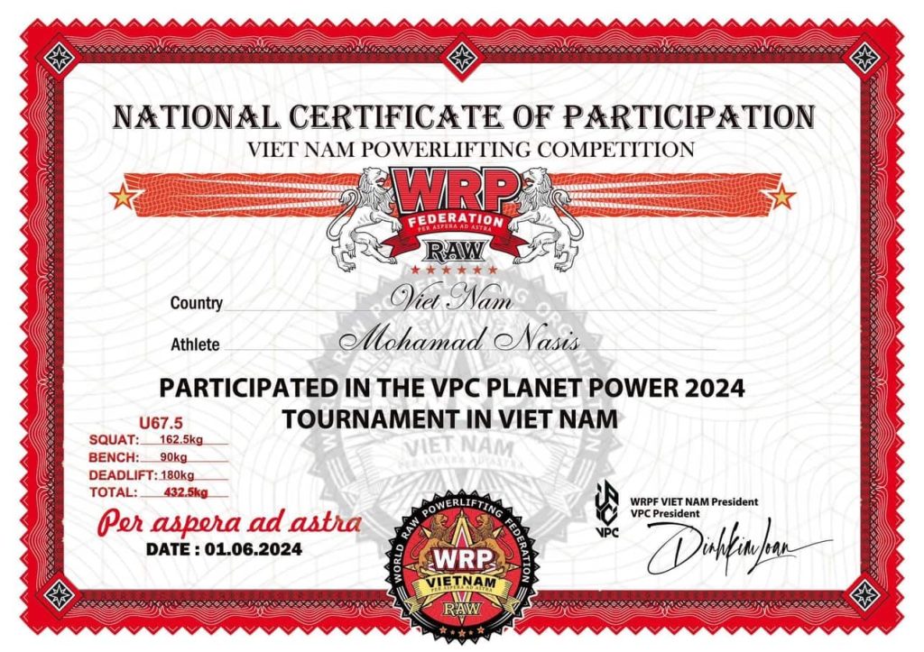 HLV Mohamad Nasis đạt huy chương đồng hạng cân 67.5kg Giải VPC Planet Power 2024 do liên đoàn Vietnam powerlifting competition tổ chức