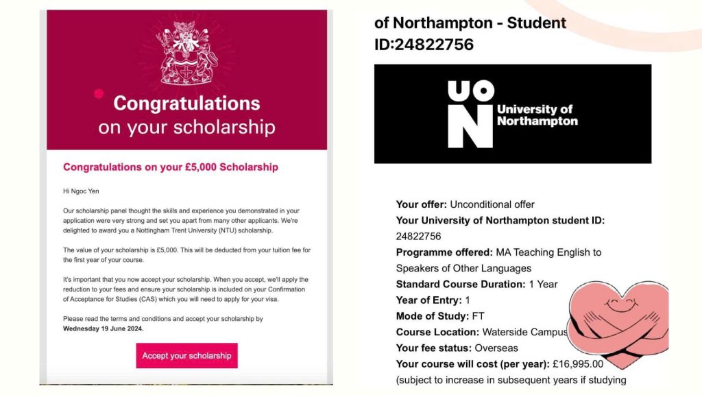 Cô giáo Nguyễn Ngọc Yến nhận học bổng University of Northampton [Teacher Nguyễn Ngọc Yến received a scholarship from the University of Northampton]