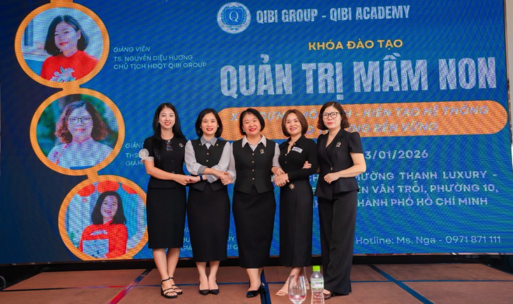 Chuyên gia Nguyễn Mai Duyên (ngoài cùng bên phải) cùng đội ngũ Qibi Group - Qibi Academy cam kết kiến tạo hệ thống giáo dục mầm non vững mạnh